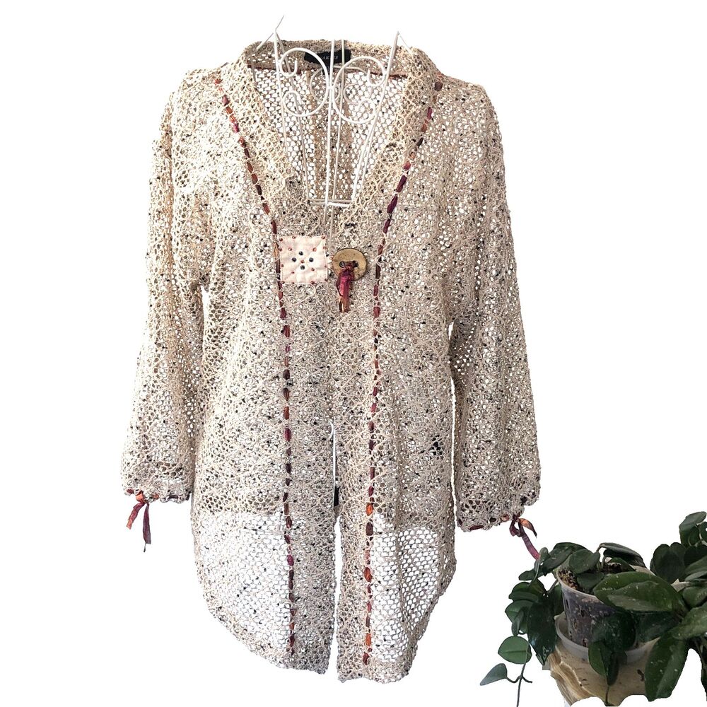 Kaktus Women's Sweater Open-Weave Crochet Texture 24% Cotton Size XL